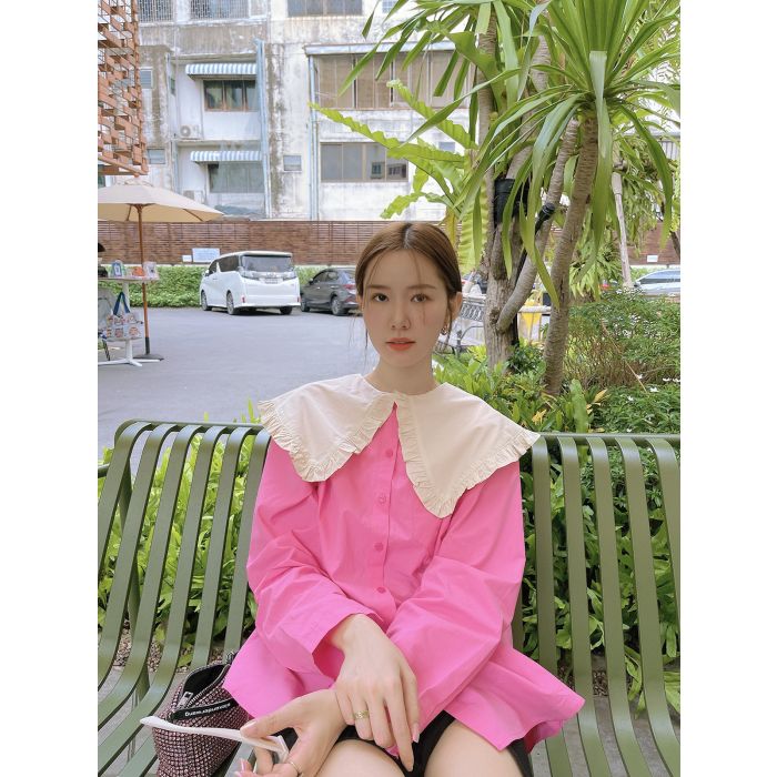 NEON OVERSIZED COLLAR COTTON BLOUSE-PINK