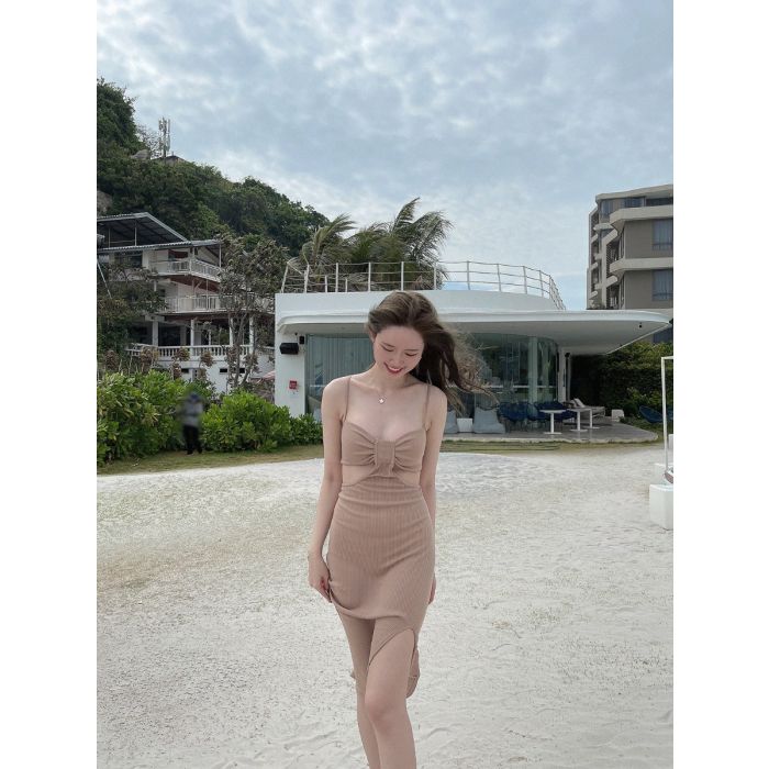 HOURGLASS SINGLET RIBBED MIDI DRESS-DARK BEIGE