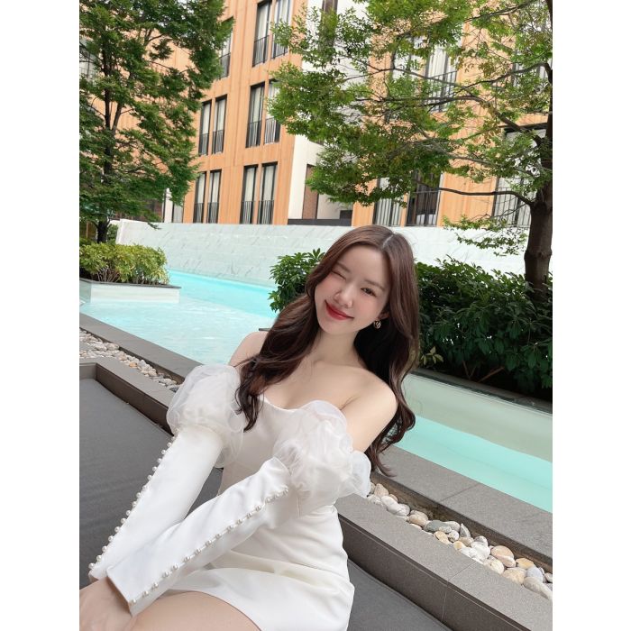 ORGANDY PEARL SLEEVE OFF SHOULDER DRESS