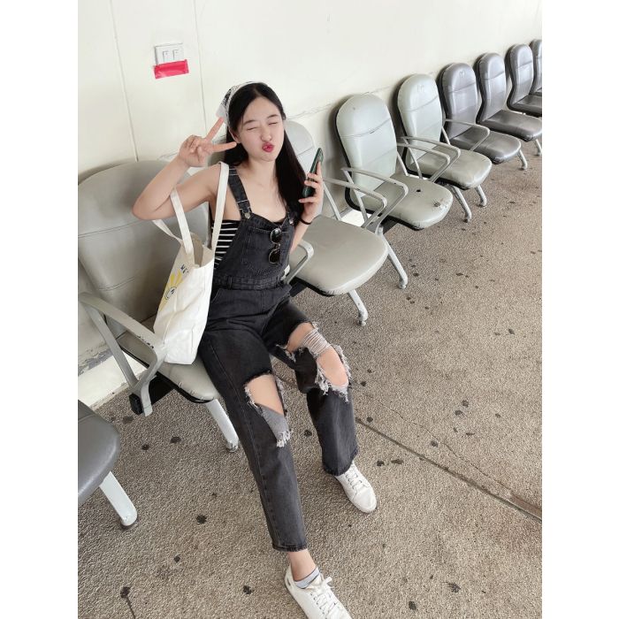 CHARCOAL RIPPED DENIM DUNGAREES-S