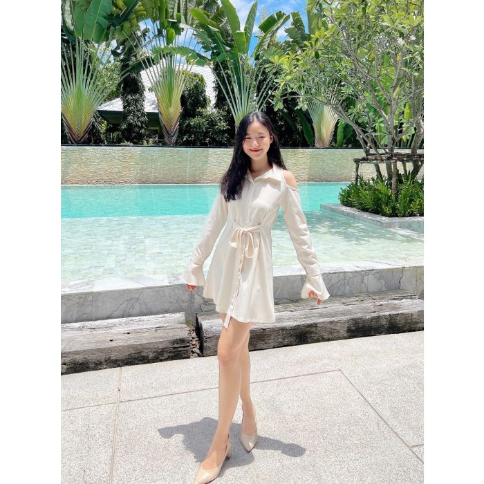 GABRIELLE TIE WAIST SHIRT DRESS-VANILLA