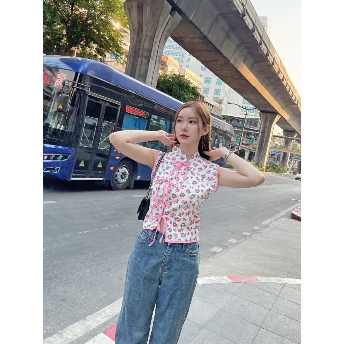BLOOMING PEONY MANDARIN COLLAR BLOUSE-PINK