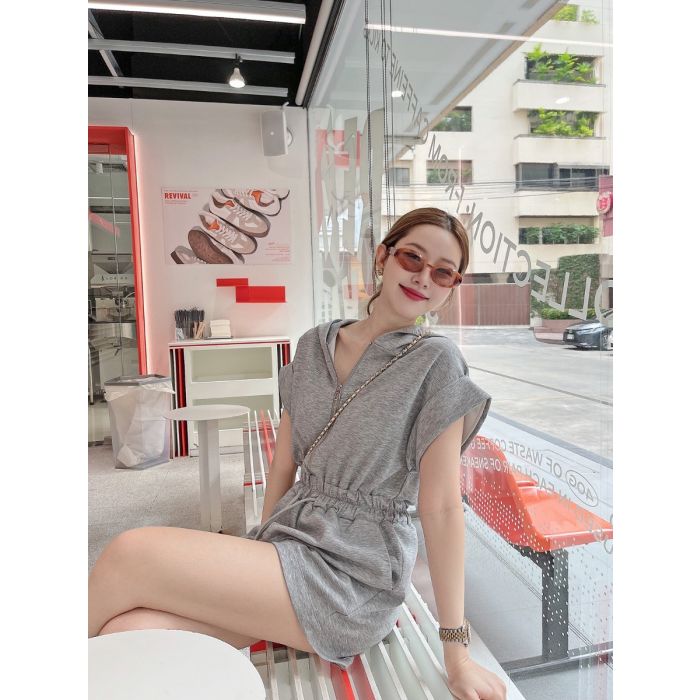 ZIPPER FRONT HOOD PLAYSUITS-GREY