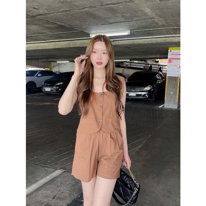 HONEY SLEEVELESS TOP & SHORTS SET-BROWN