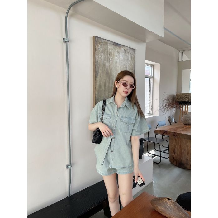 BOW OVERSIZED DENIM SHIRT & SHORTS SET-SKY