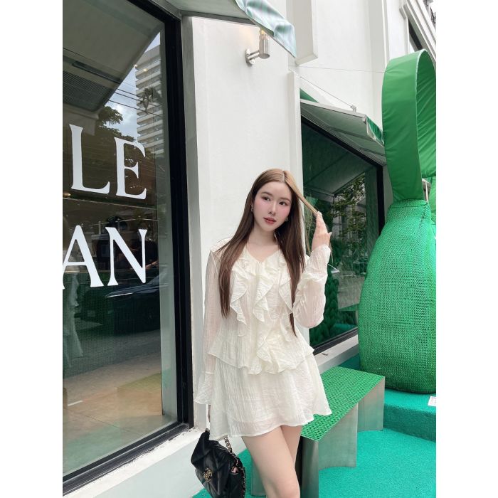 BUBBLE SEE THROUGH RUFFLE BLOUSE & SKIRT SET-VANILLA