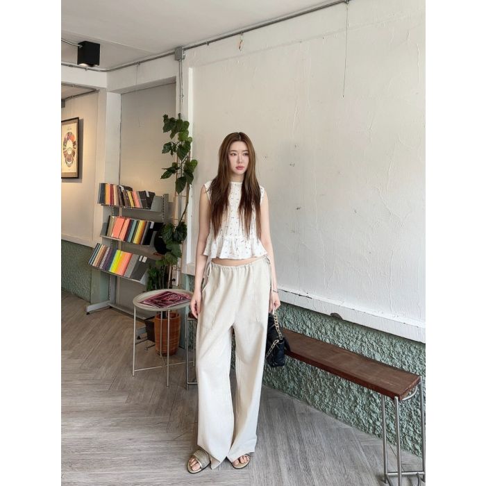 RUCHED TIE SIDE LINEN PANTS-WHEAT