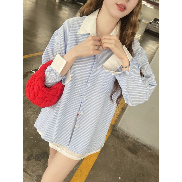 LAZY SUNDAY STRIPE OVERSIZED SHIRT-BLUE