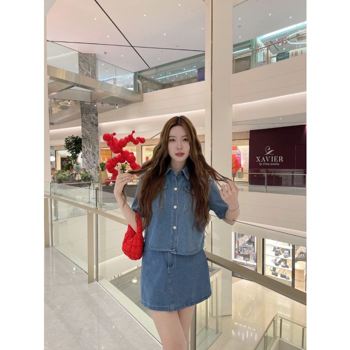PREPPY DENIM CROP SHIRT & SKIRT SET-NAVY