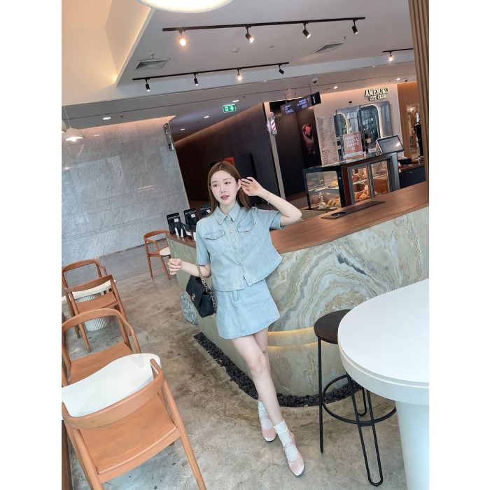PREPPY DENIM CROP SHIRT & SKIRT SET-SKY