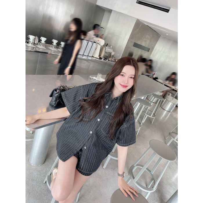 STRIPE OVERSIZED DENIM SHIRT & SHORTS SET-BLACK