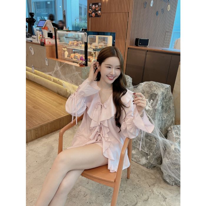 HONEY BOW RUFFLE BLOUSE & SHORTS SET-PINK