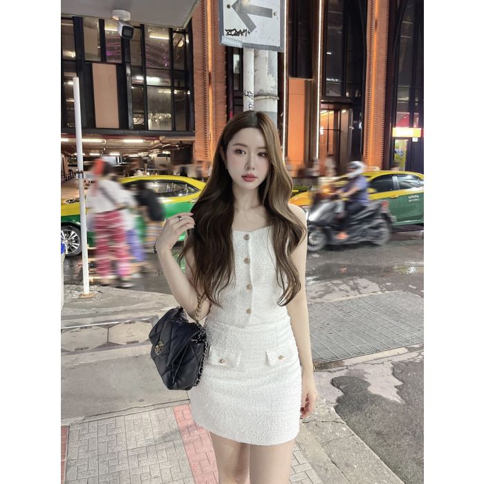 MILKY TWEED SINGLET TOP & SKIRT SET-CREAM