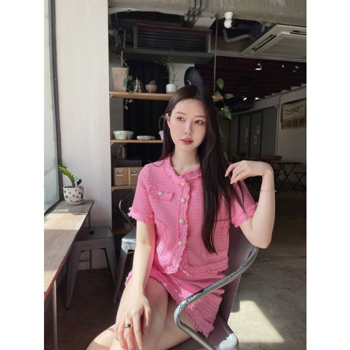 MELLOW TWEED BLOUSE & SKIRT SET-PINK