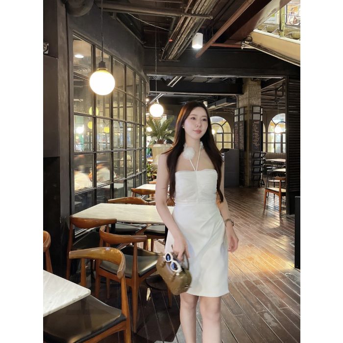 FLOWER DRAPED TUBE DRESS-WHITE-L