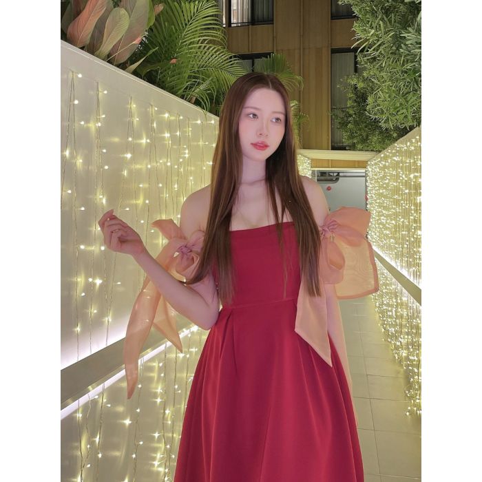 SYRAH ORGANDY BOW SHOULDER DRESS-CARMINE-M