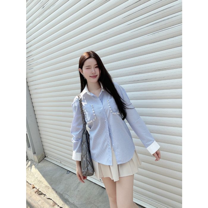 PEARL POCKET OVERSIZED SHIRT-BLUE