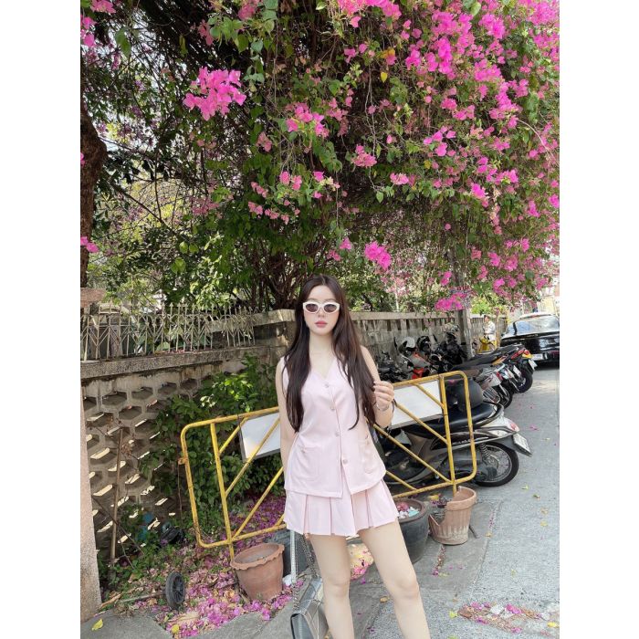 PASTEL LONG VEST TOP &amp; SKIRT SET-PINK