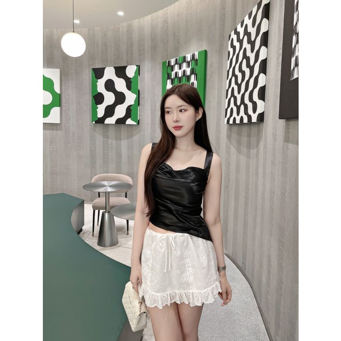 CHAMPAGNE DRAPED SATIN TOP-BLACK