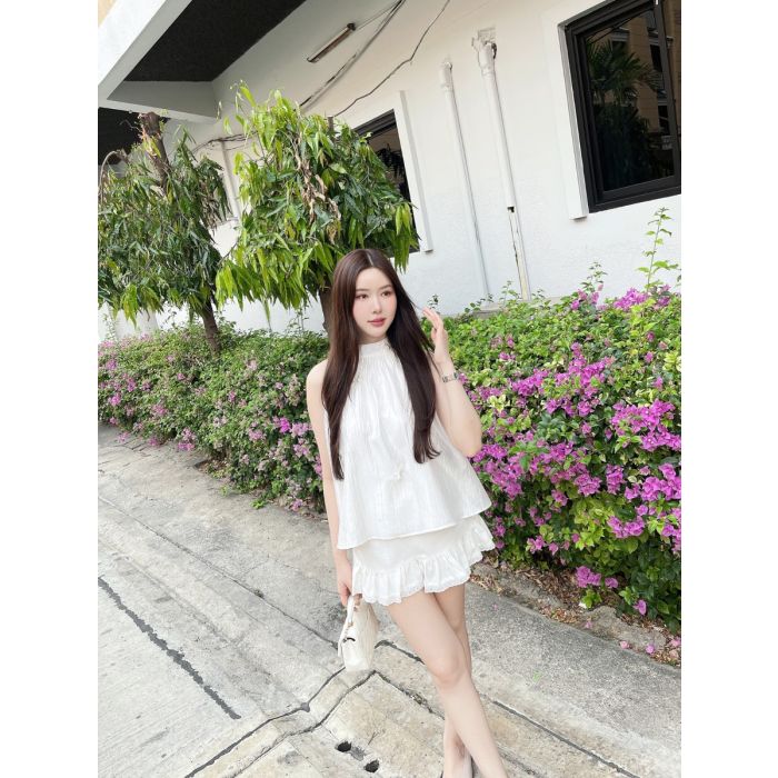 BUTTERFLY PLEATED SATIN SLEEVELESS TOP-WHITE