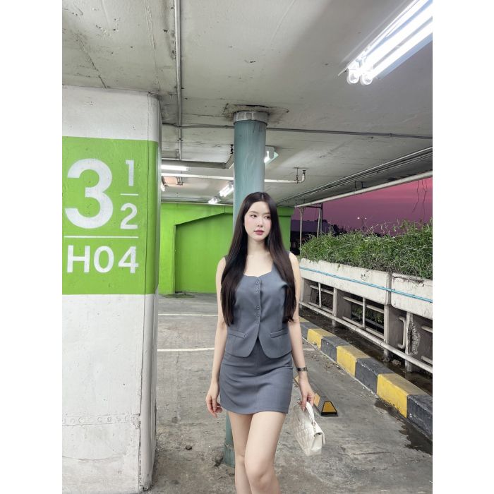 ZENITH SLEEVELESS TOP & SKIRT SET-CHARCOAL