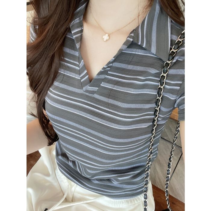 GINGER STRIPE POLO TOP-GRAPHITE