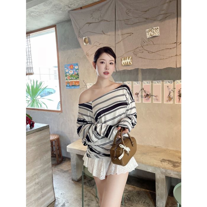 SLASH STRIPE TUNIC TOP-BLACK-WHITE