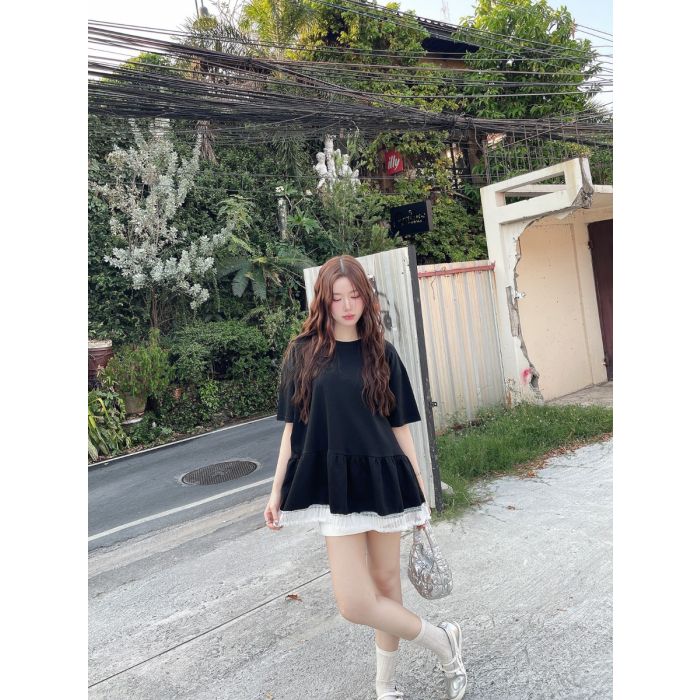SOFT CORE LACE HEM TUNIC DRESS-BLACK