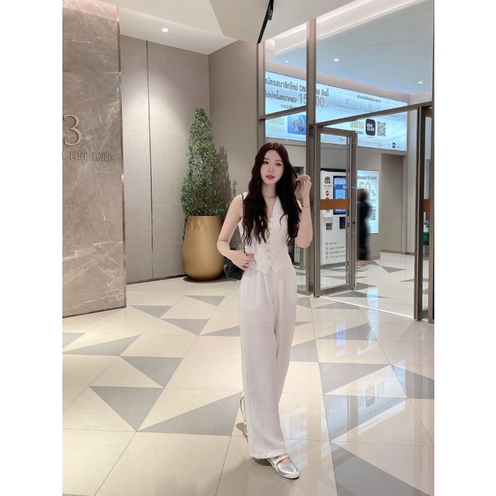 PEARL MARBLE BELTED VEST TOP & PANTS SET-WHITE