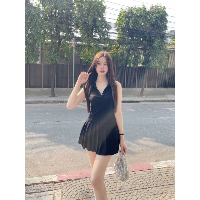 VIV SPORTY SLEEVELESS TOP & SKIRT SET-BLACK