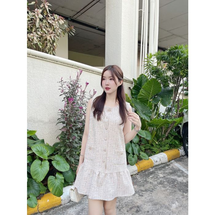 CAVELLE POCKET TWEED DRESS-PEACH