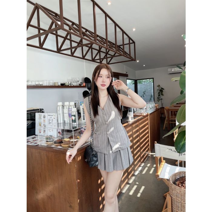 PASTEL LONG VEST TOP & SKIRT SET-TAUPE STRIPE