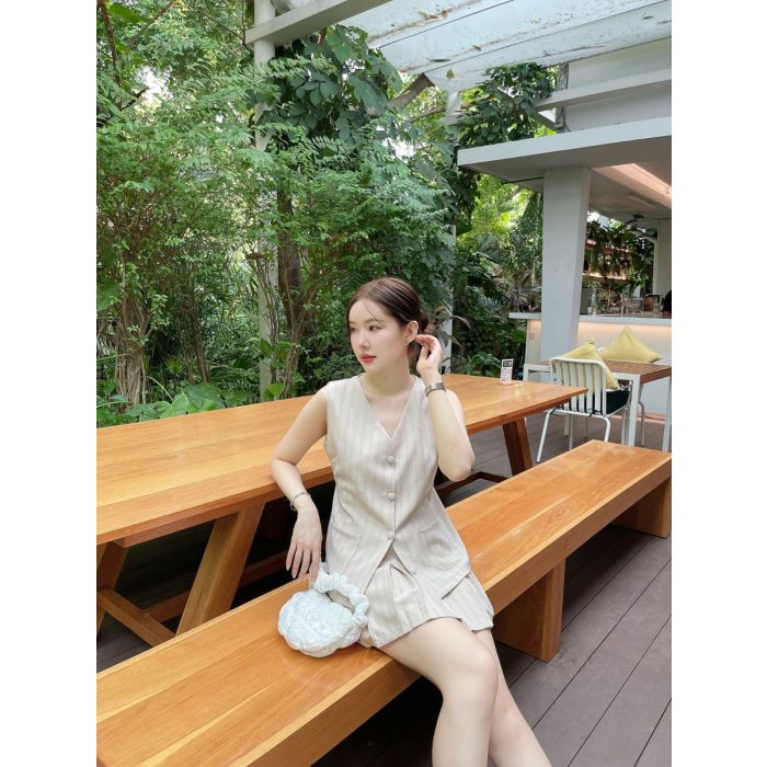 PASTEL LONG VEST TOP & SKIRT SET-BEIGE STRIPE