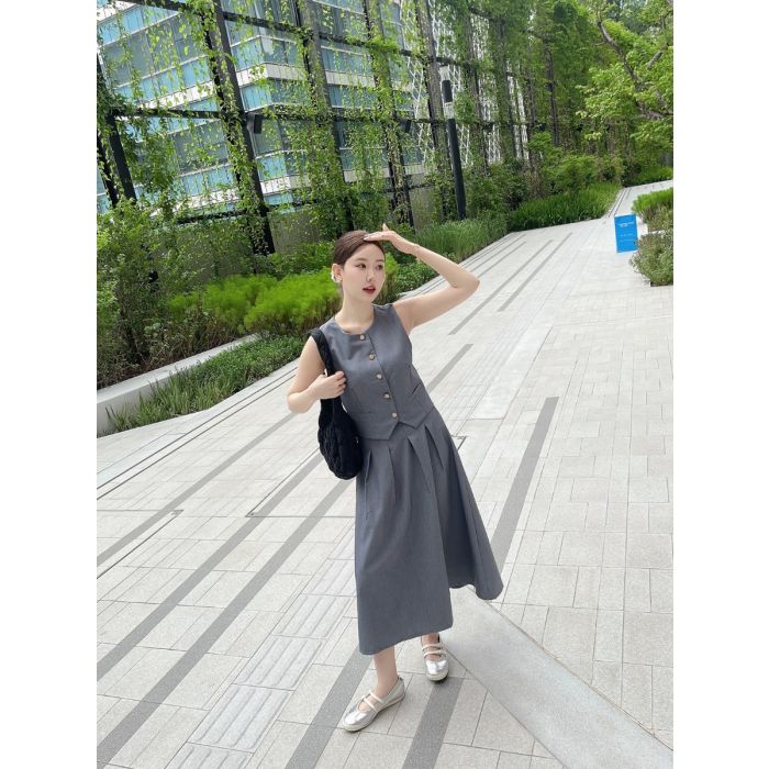 VELISSE VEST TOP & MIDI SKIRT SET-CHARCOAL