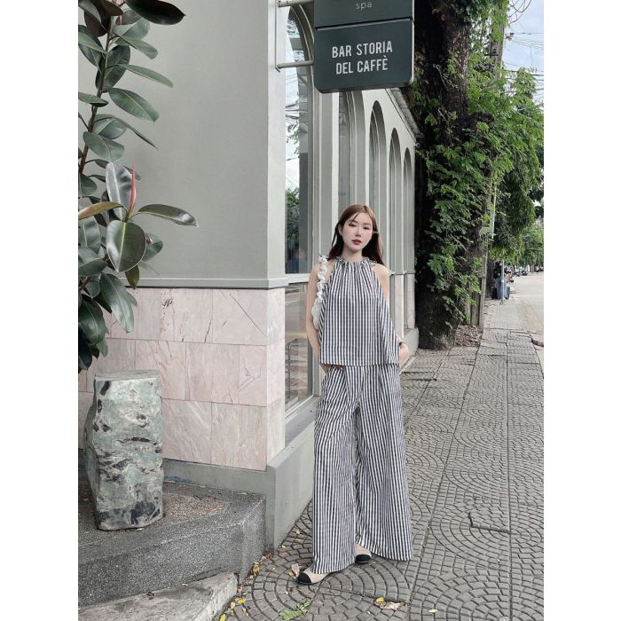MONO STRIPE TOP & PANTS SET-BLACK