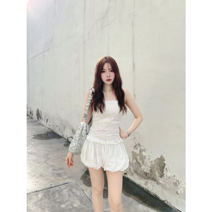 FLORETTE TIE NECK LACE TUBE TOP