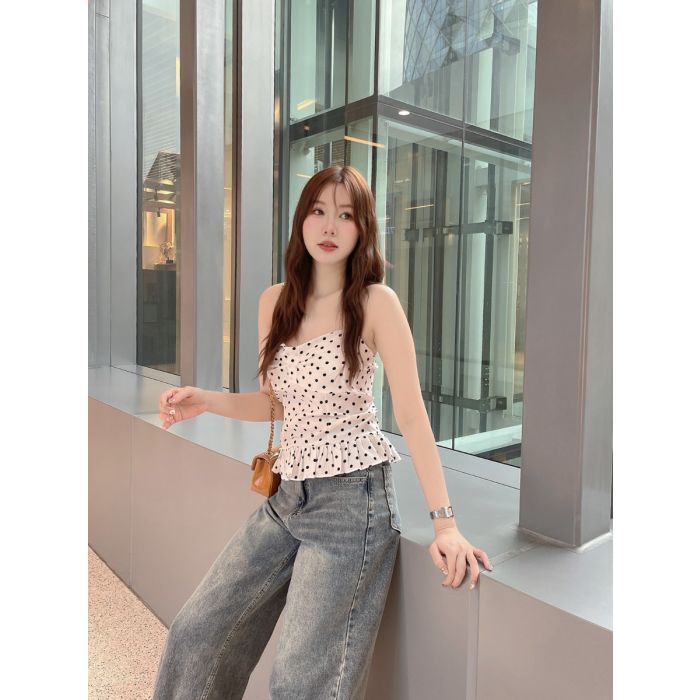 LUNIE POLKADOT TIE NECK TOP-WHITE