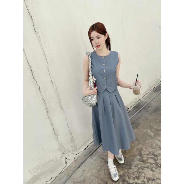 VELISSE VEST TOP & MIDI SKIRT SET-BLUE