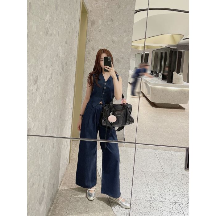 MAVIE VEST TOP & PANTS DENIM SET-NAVY
