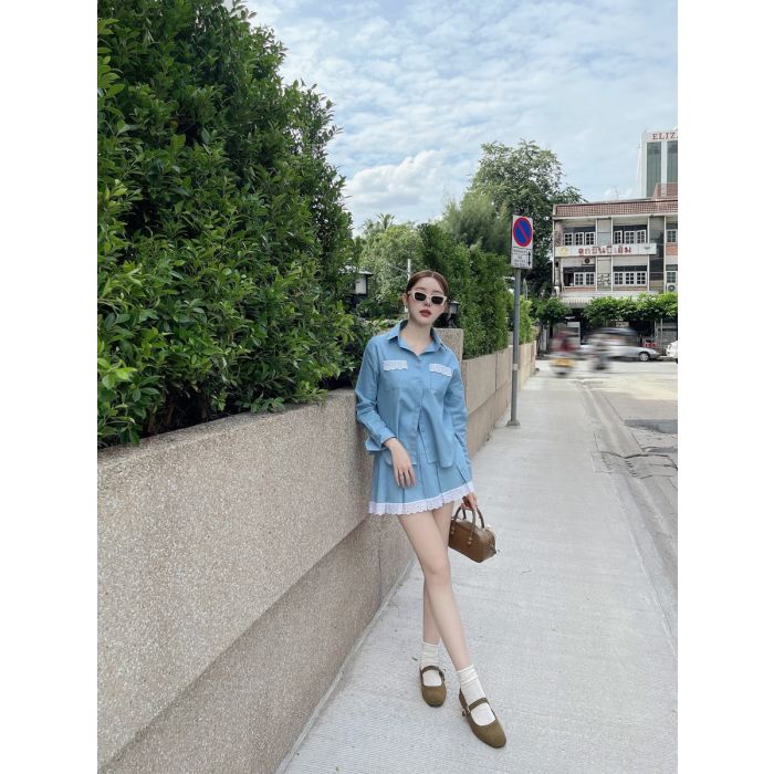 ALVINE LACE DENIM SHIRT & SKIRT SET-BLUE