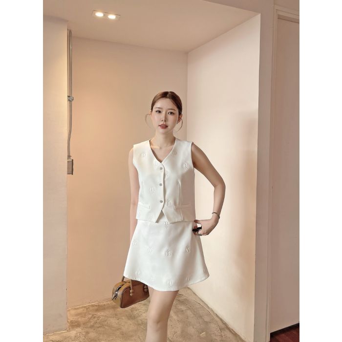 YVES BOW VEST TOP & SKIRT SET-WHITE