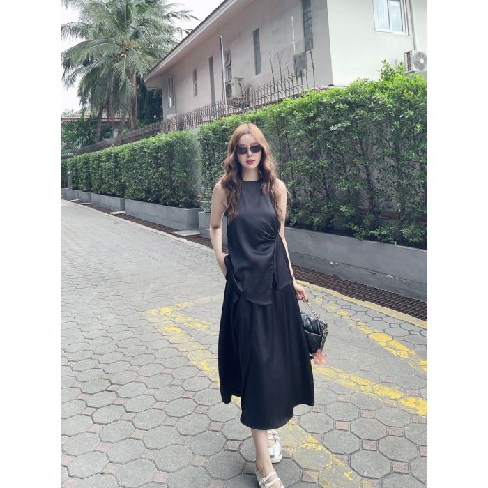 VERENE DRAPED TOP & MIDI SKIRT SET-BLACK