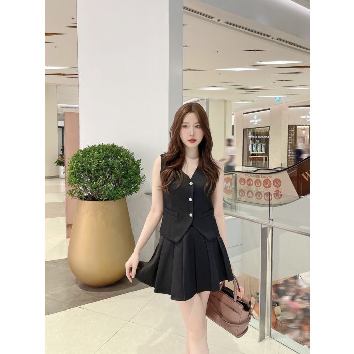 JOVELL VEST TOP & SKIRT TWILL SET-BLACK