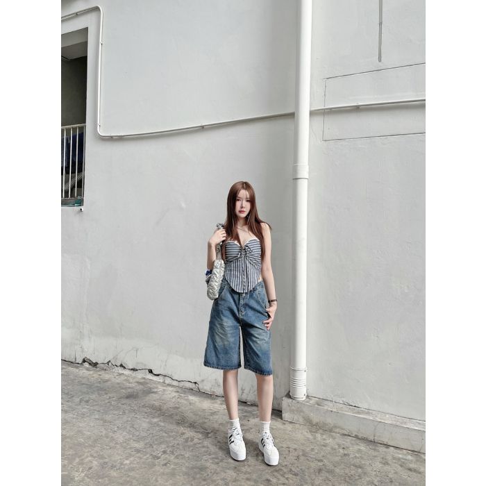 TEDDY BERMUDA DENIM JORTS PANTS-BLUE-M