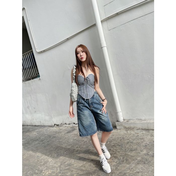 TEDDY BERMUDA DENIM JORTS PANTS-BLUE-XL