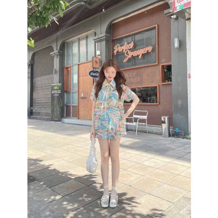 ALOHA BLEACH PRINT SHIRT & SHORTS SET-BLUE
