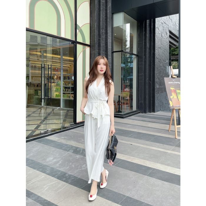 AUDREY TIE WAIST TOP & PANTS SET-WHITE