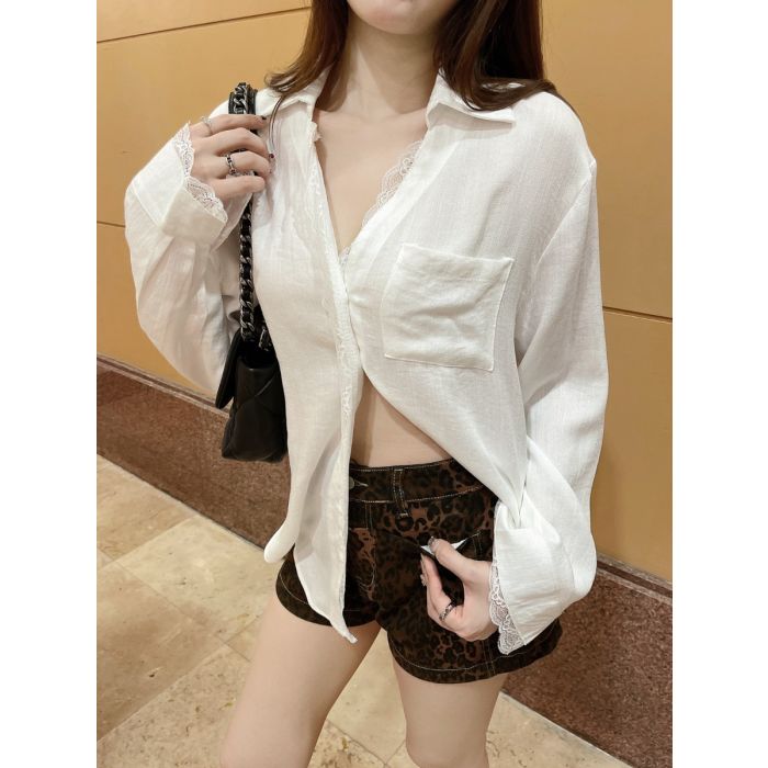 ELISE TRIMMED LACE RAYON SHIRT-WHITE