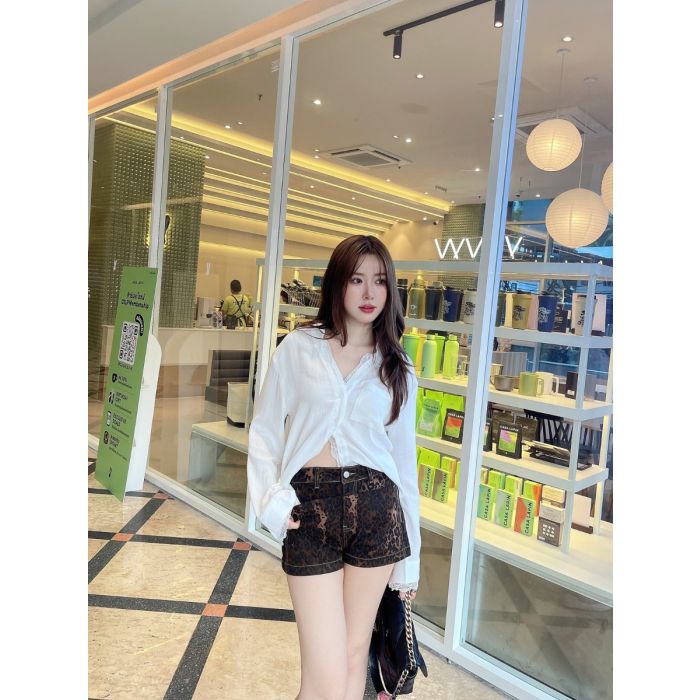 LEOPARD DENIM SHORTS-BROWN-S