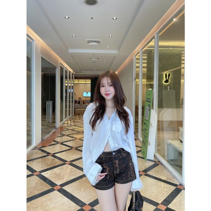LEOPARD DENIM SHORTS-BROWN-XL
